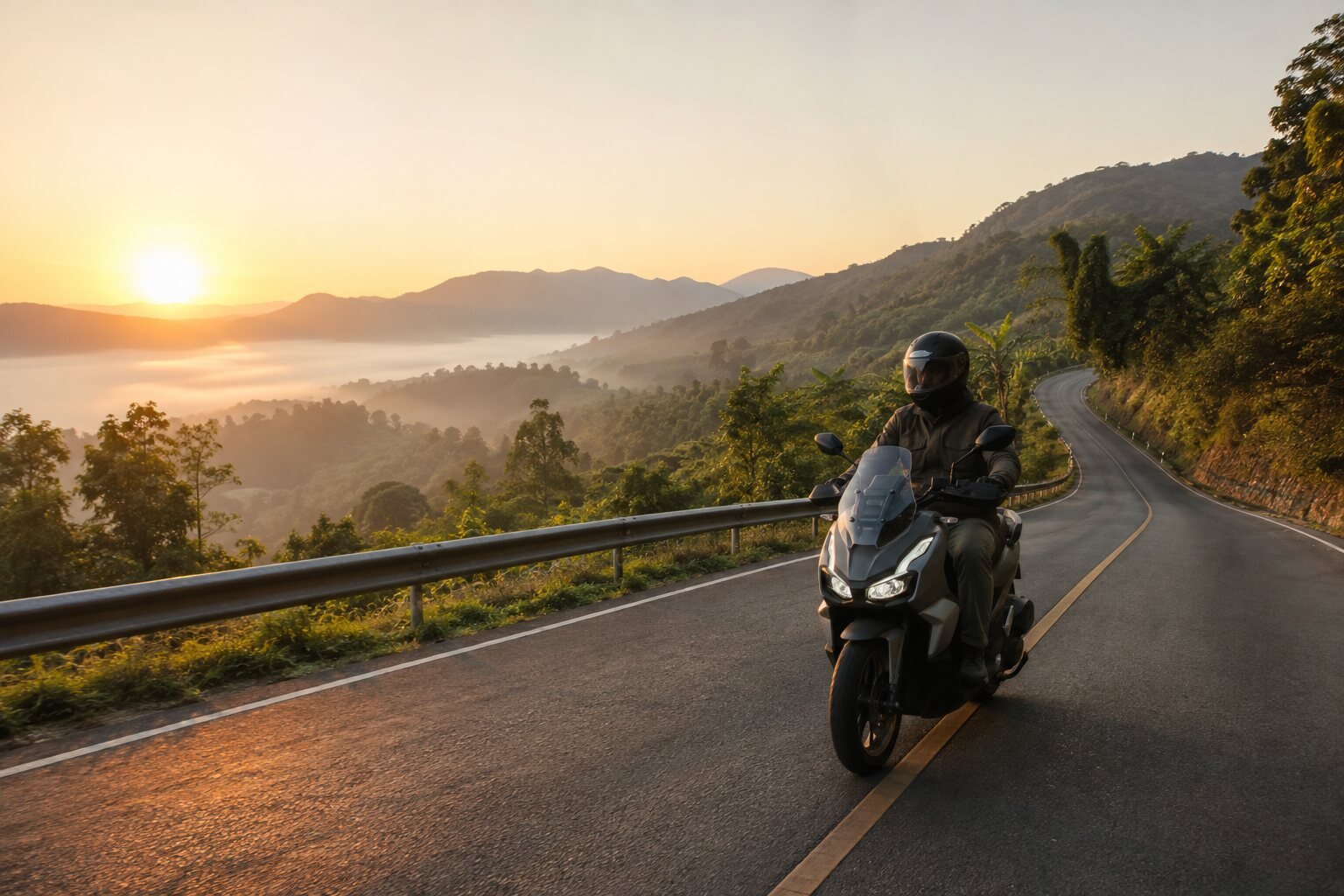 Helmeted traveller riding an adventure scooter on a mountain road in Chiang Rai