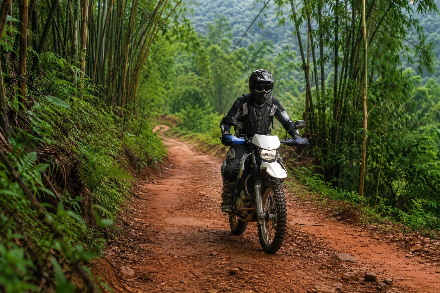 Protected rider on a legal rural dirt track in Northern Thailand