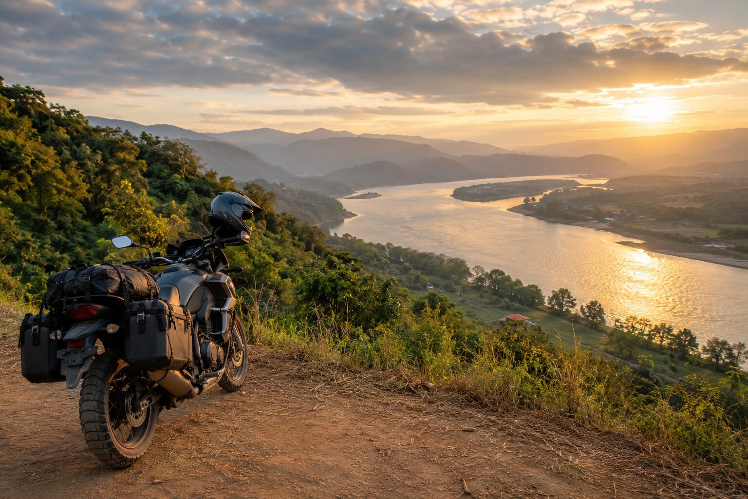 Adventure motorcycle above the Mekong landscape in Chiang Rai