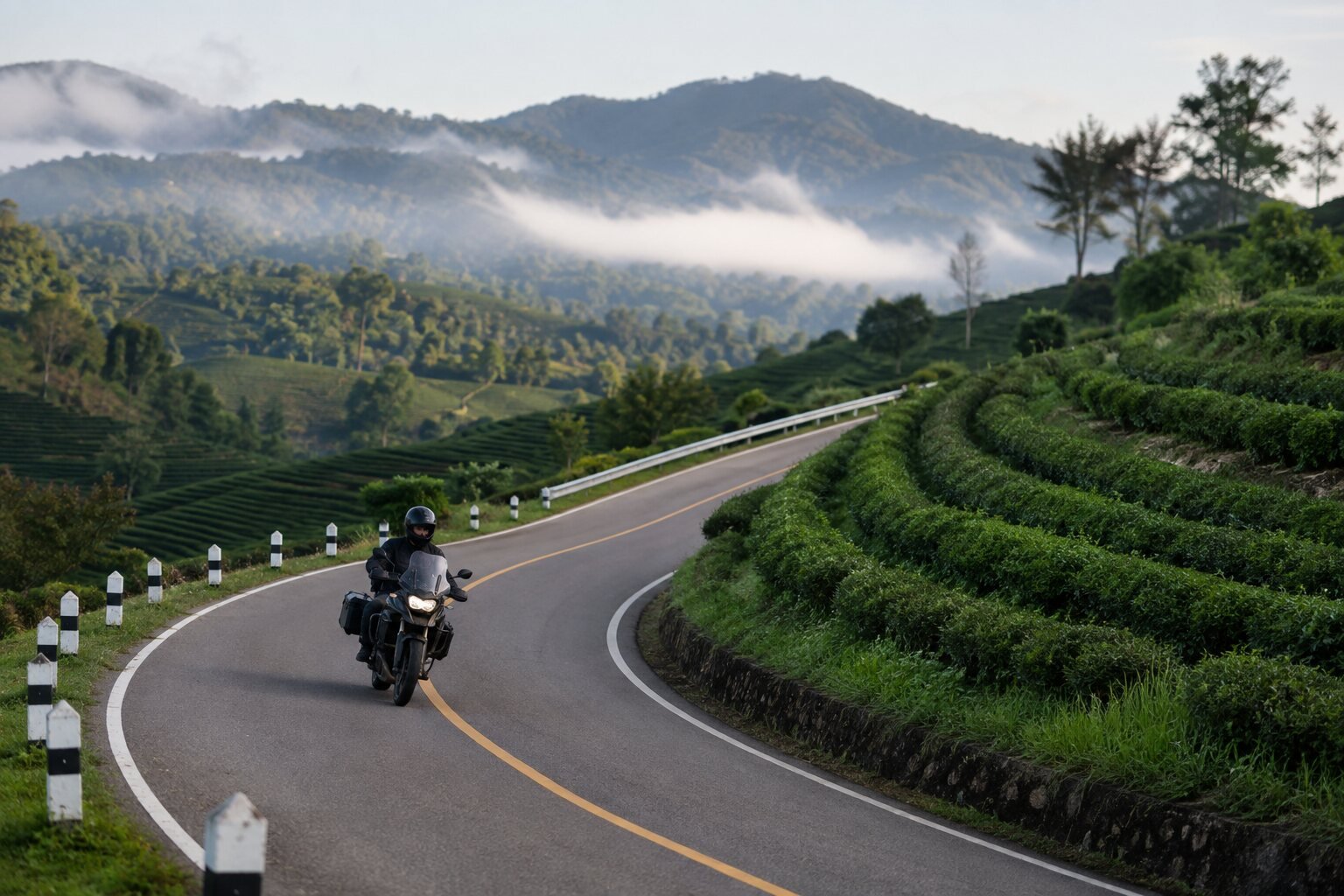 Touring rider on a paved road through the tea hills of Chiang Rai